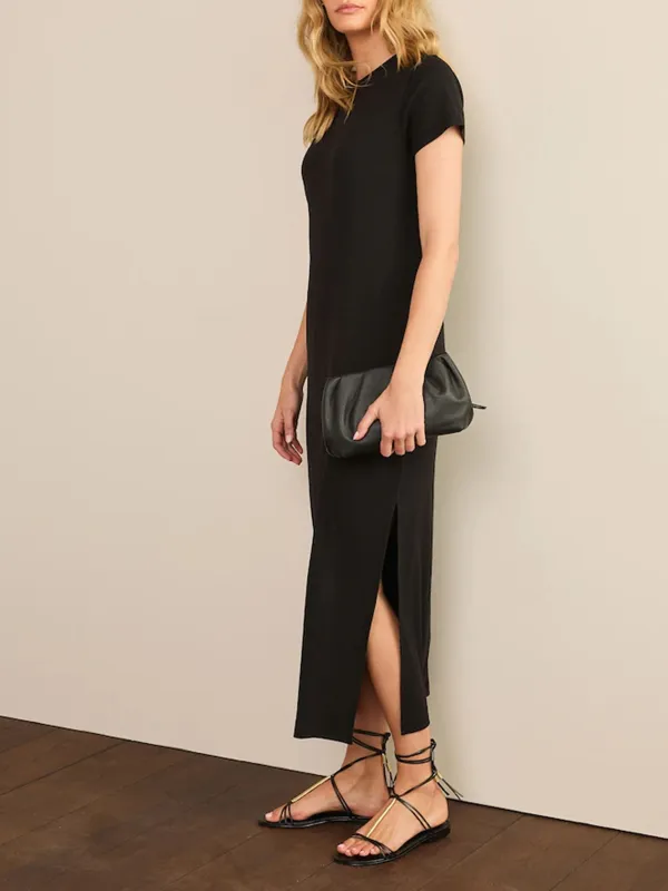 Basic Minimalist Ribbed Solid Color Crew Neck Dress