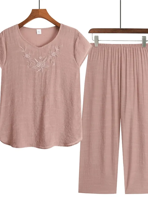 Women's 2 Piece Loungewear Sets Plus Size Pajama Pure Color Breathable Crew Neck Short Sleeve T-Shirt and Wide Leg Pants Fashion Casual Comfort Street Daily Date Summer Spring Lotus Pink Pink 4XL