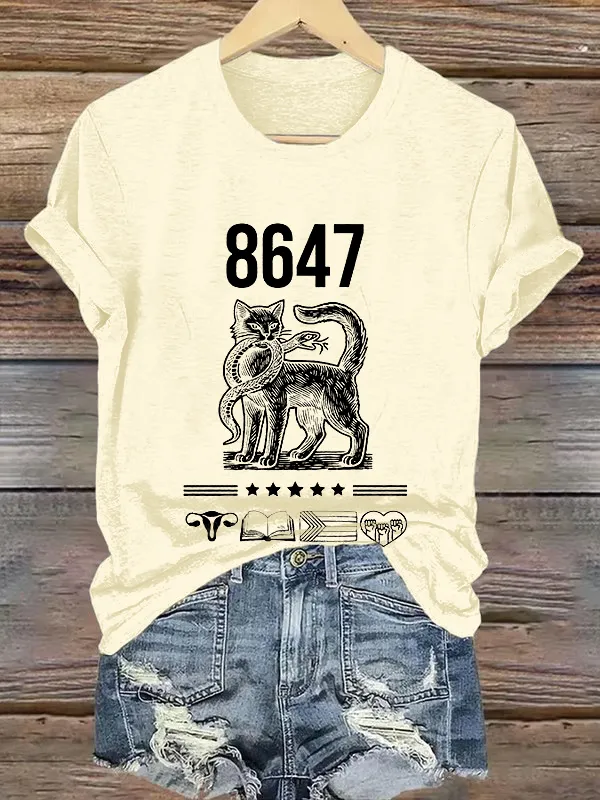 Women'S T-Shirt Vintage 8647 FDT Printed T-Shirt Round Neck Pure Cotton Short Sleeves