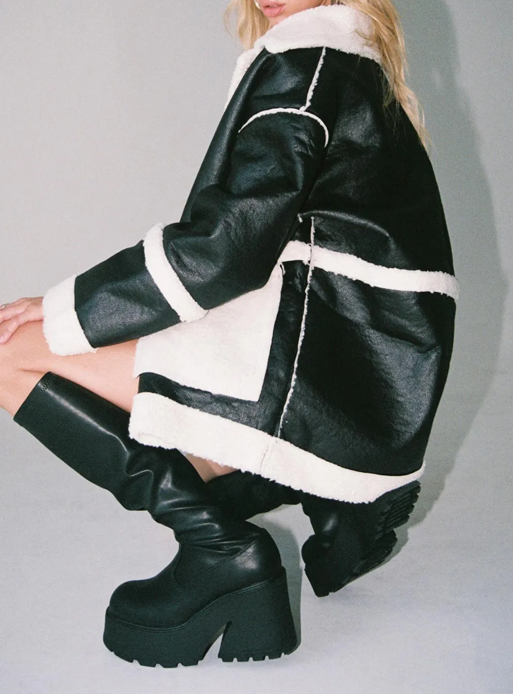 Contrast Panel Faux Leather Shearling Jacket
