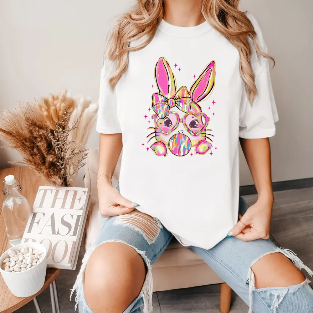 Pink Love Rabbit Blowing Bubbles Printed Round Neck Short Sleeve T-Shirt
