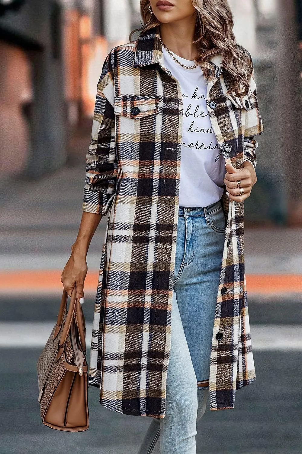 Women's Plaid Shacket 2023 Long Sleeve Button Up Flannel Shirt Winter Tartan Jacket Woolen Coats