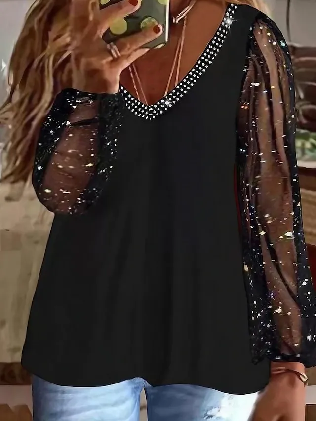 Women's Plus Size Going Out Tops Blouse Concert Tops Black Wine Dark Blue Plain Sparkly Mesh Rhinestone Long Sleeve Daily Date Vacation Vintage Fashion Elegant V Neck Regular Fit Spring Fall