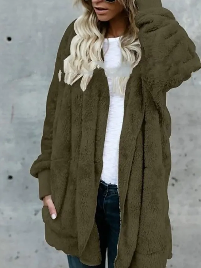 Women's Fleece Jacket Sherpa Jacket Teddy Coat Coat Outdoor Street Daily Fall Winter Long Coat Regular Fit Warm Breathable Casual Jacket Long Sleeve Solid Color Pocket with Pockets Black White Pink