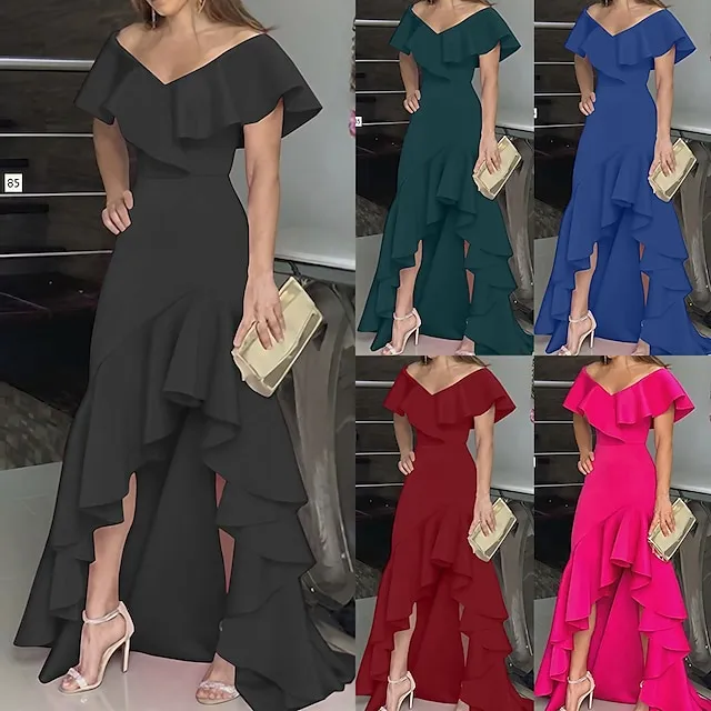Women's Party Dress Maxi long Dress Green Black Wine Fuchsia Dark Blue Short Sleeve Pure Color Ruffle Plus High Low Fall Spring V Neck Elegant Formal Party 2023 S M L XL XXL 3XL 4XL 5XL