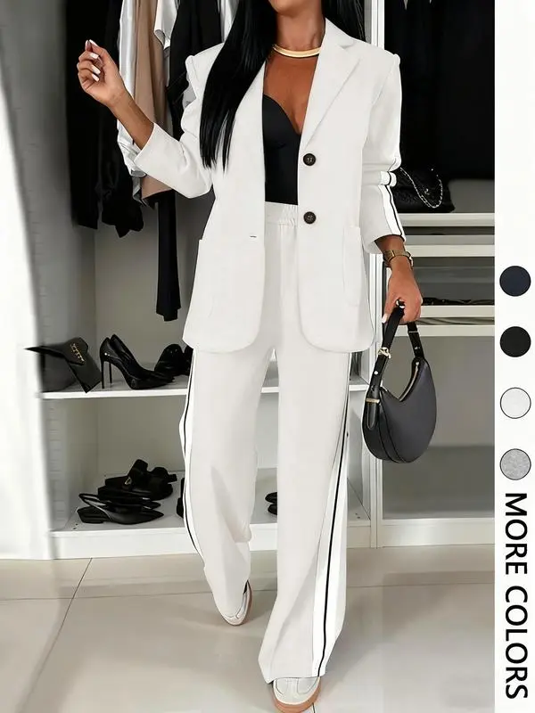 Women's Striped Print Blazer Jacket & Wide Leg Pants Set, Casual Fitted Suit for All Seasons, Stylish Ladies' Clothing Ensemble