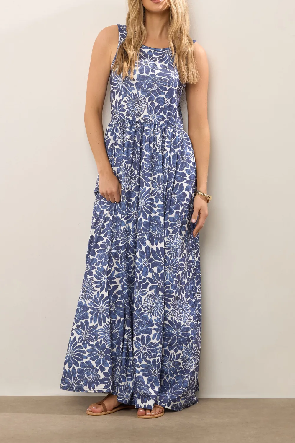 Blue Floral Print Sleeveless Daily Dress