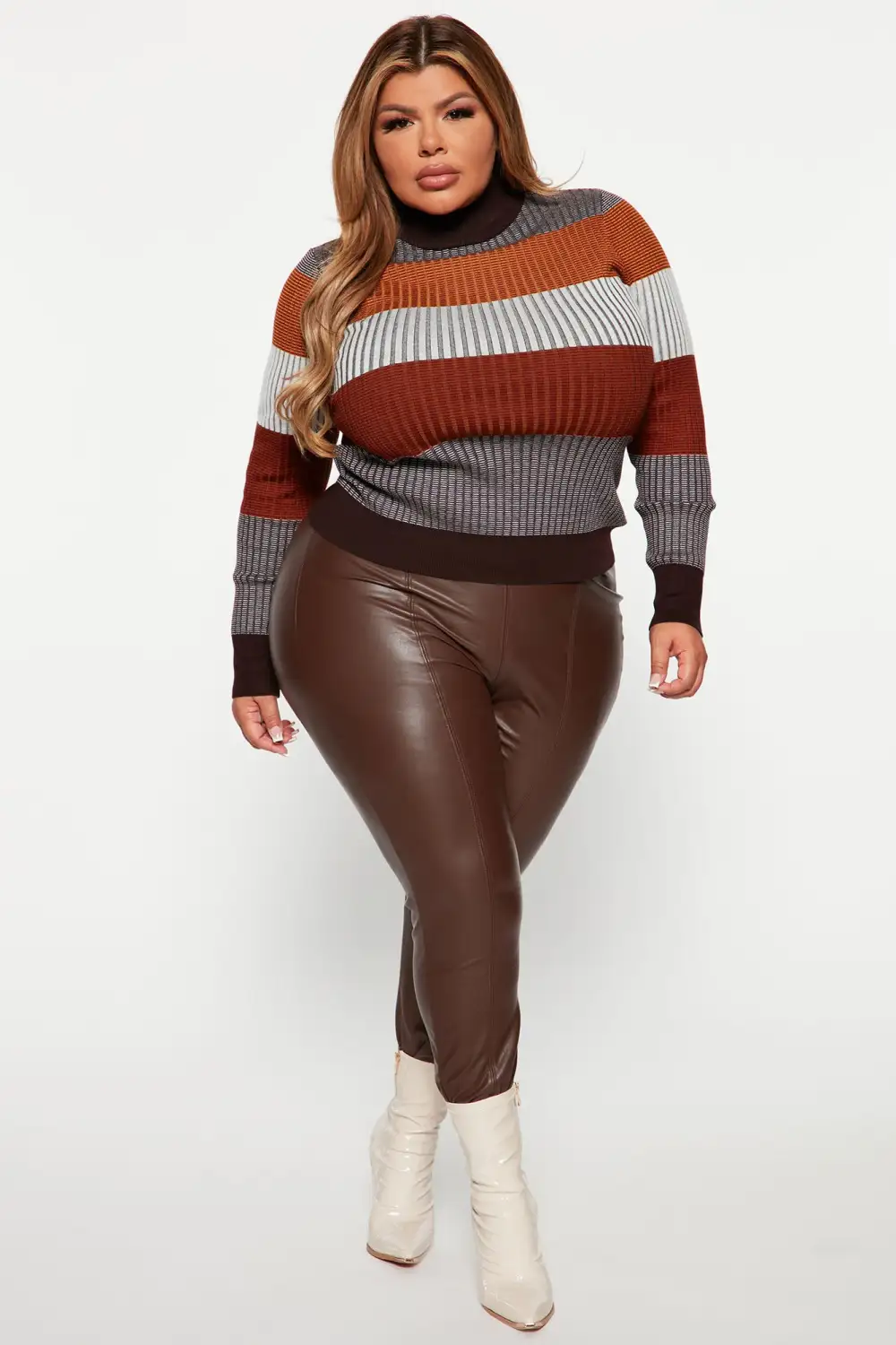 Kyra Mock Neck Ribbed Sweater - Chocolate/Combo