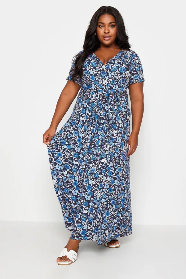 YOURS Curve Navy Blue Floral Print Wrap Maxi Dress