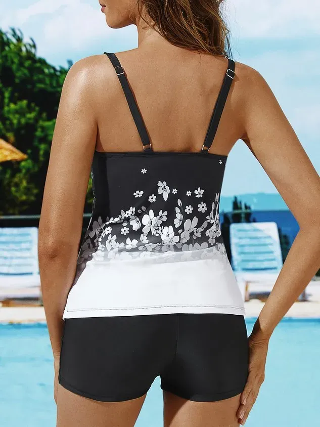 Casual Floral Printing Scoop Neck Tankinis Two-Piece Set