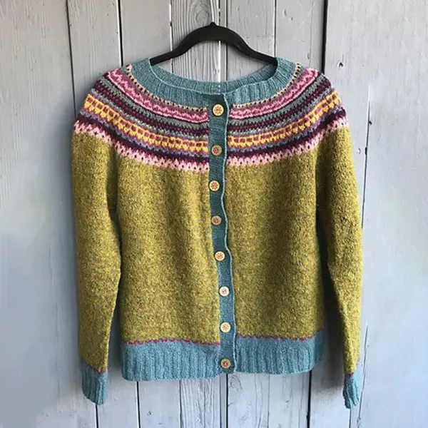 Vintage Tribal Rainbow Button Down Jacquard Comfy Sweater
