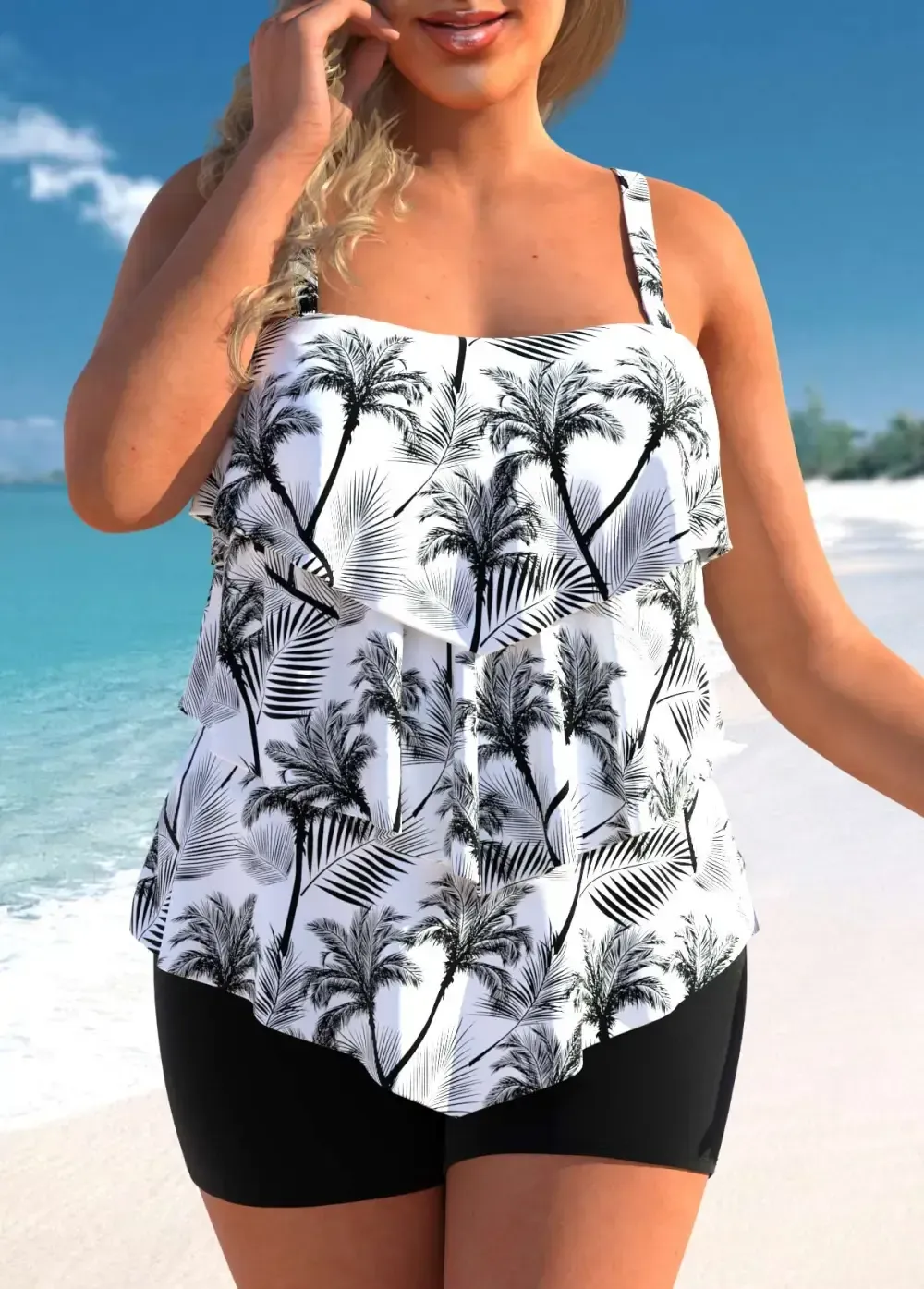 RUFFLE HEM COCONUT TREE PRINT PLUS SIZE TANKINI