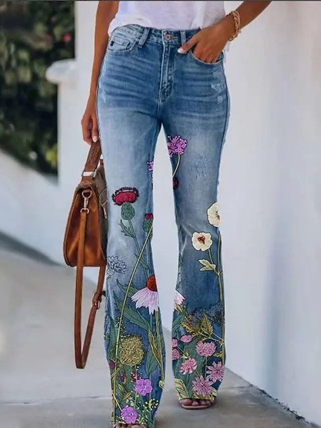 Women's Bootcut Flared Pants Bell Bottom Grey Fashion Casual Daily Full Length Flower / Floral XXL