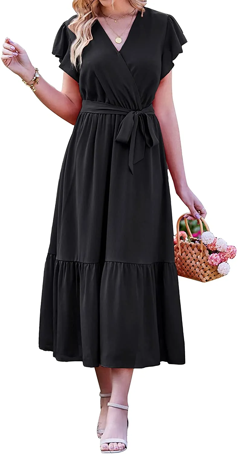 Women Summer Bohemian Floral Casual Wrap V Neck Ruffle Cap Sleeveless Belt A-Line Pleated Hem Swing Midi Sun Dress