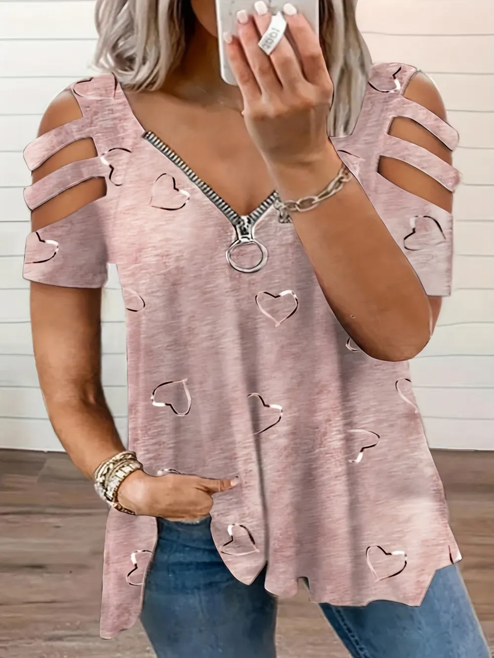 Plus Size Heart Print Zipper Short Sleeve Top, Women's Plus Slight Stretch V Neck Casual T-shirt