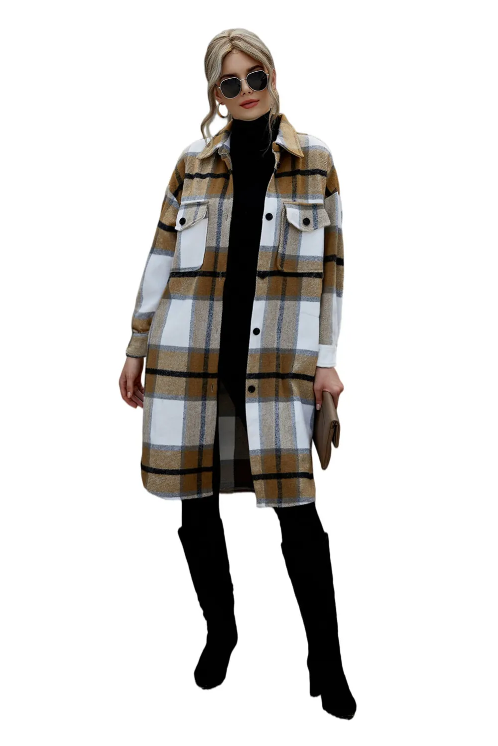 Khaki Turn-down Collar Pocket Button Plaid Coat