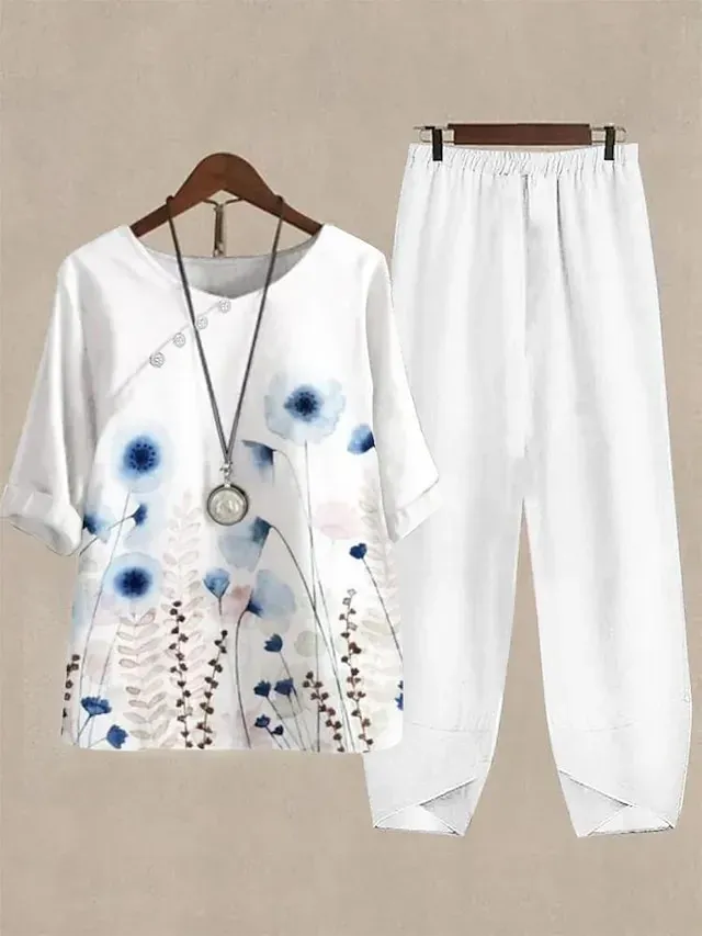 Women's Shirt Pants Sets Pants Trousers Basic White Pink Casual Daily Floral Print Crew Neck S M L XL 2XL