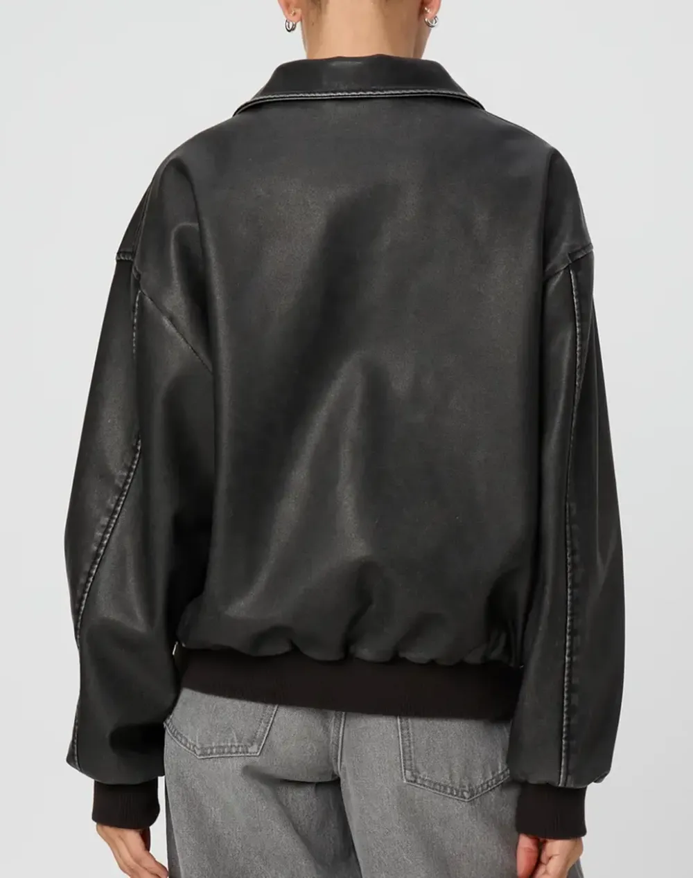 Black Cool Faux Leather Bomber Jacket