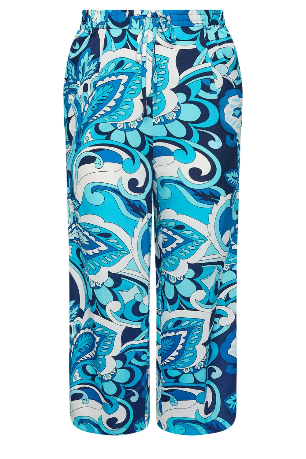 Yours Curve Black Leaf Print Drawstring Wide Leg Trousers