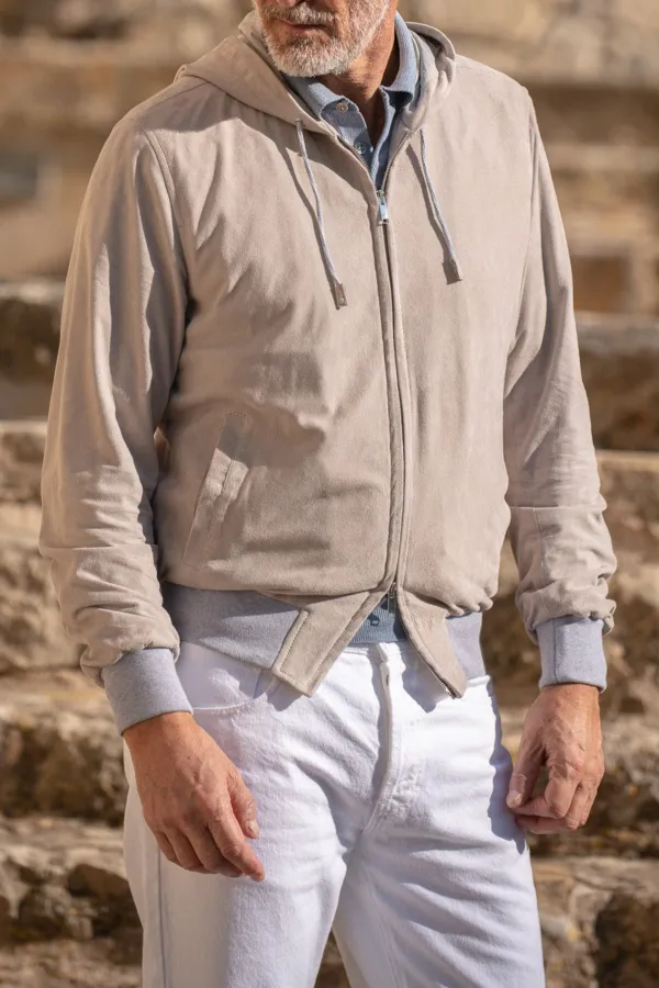 Suede Hooded Bomber Jacket