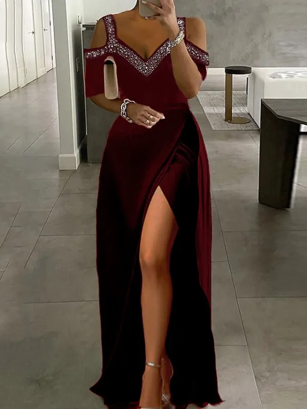 Women‘s Party Dress Black Dress Formal Dress Formal Evening Party Graduation Long Dress Maxi Dress Fashion Party V Neck Short Sleeve Patchwork Split 2023 Black Pure Color S M L XL 2XL