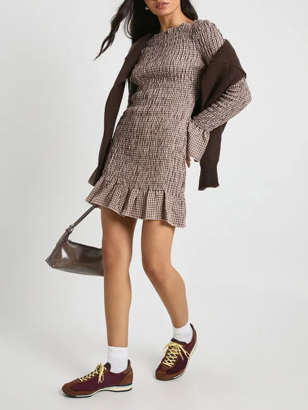 Women's Brown Plaid Ruched Ruffle Dress