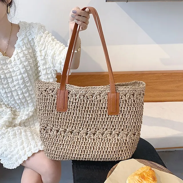 Women's Top Handle Bag Straw Bag Shoulder Bag Straw Outdoor Daily Zipper Solid Color Khaki Beige