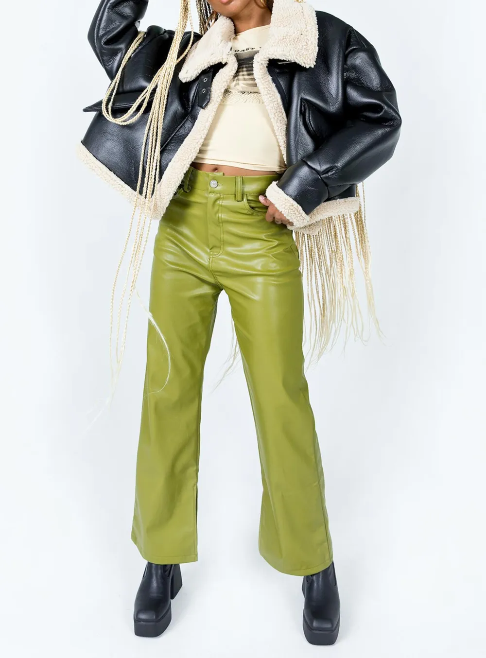 Black Faux Leather Jacket with Shearling Trim