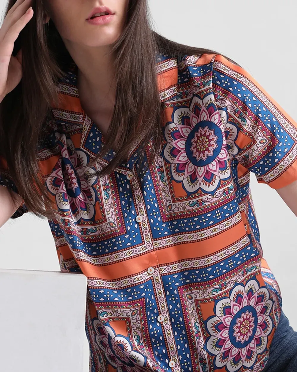 Navy Blue Abstract Print Satin Shirt
