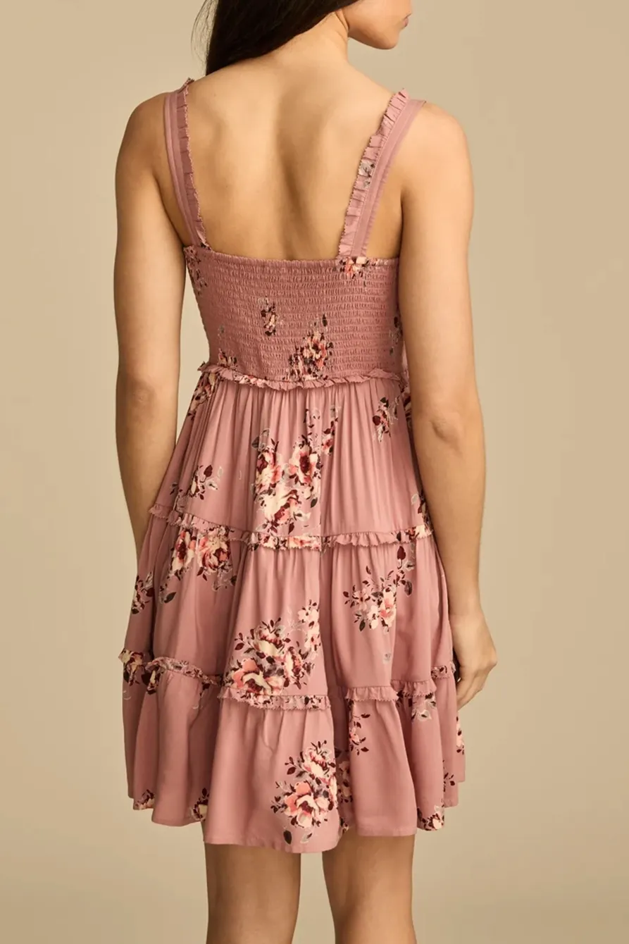 Pink Floral Tiered Ruffle Corset Midi Dress
