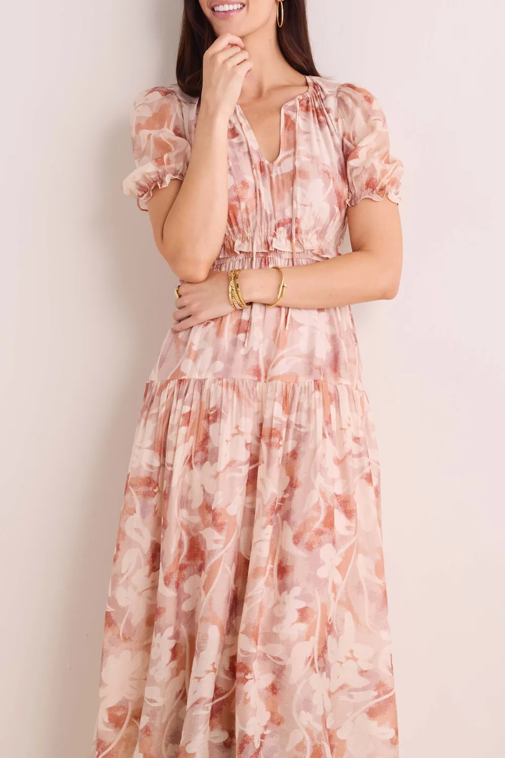 Nude Floral Print Tie-Waist Midi Dress