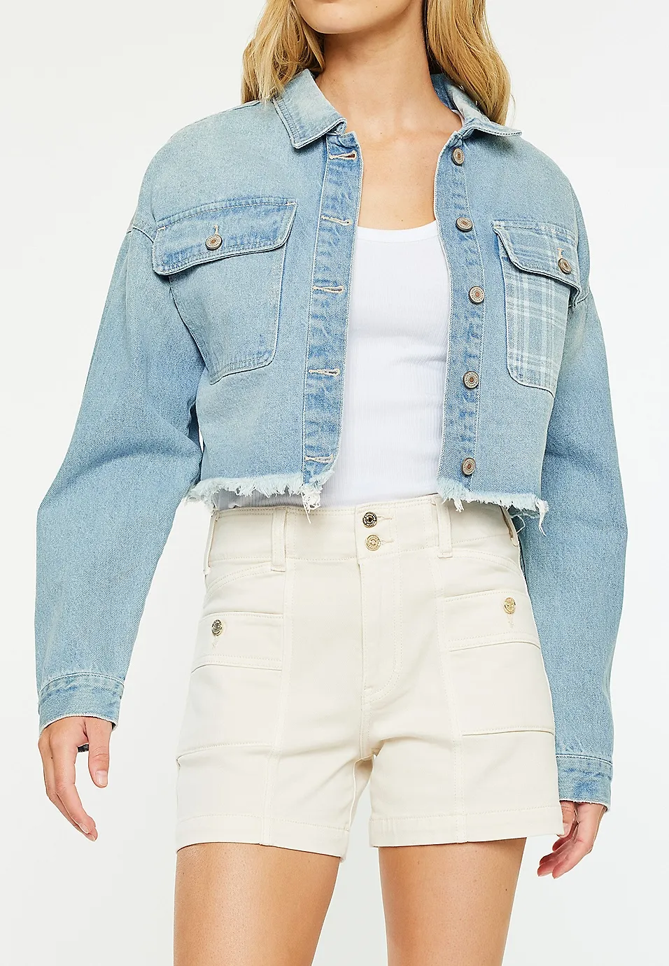 Rigid Plaid Drop Shoulder Crop Jacket