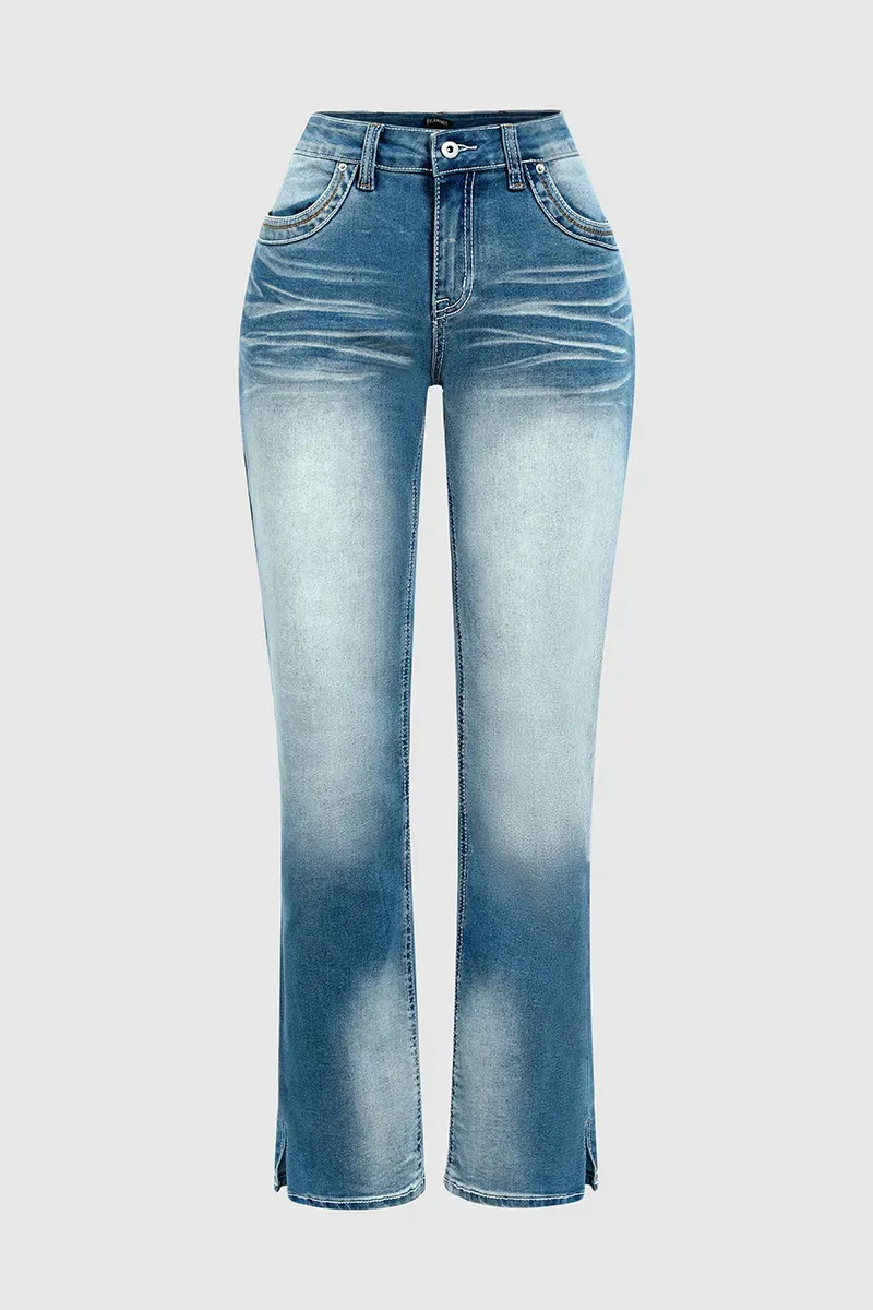 Washed Split Hem Mid Rise Bootcut Jeans