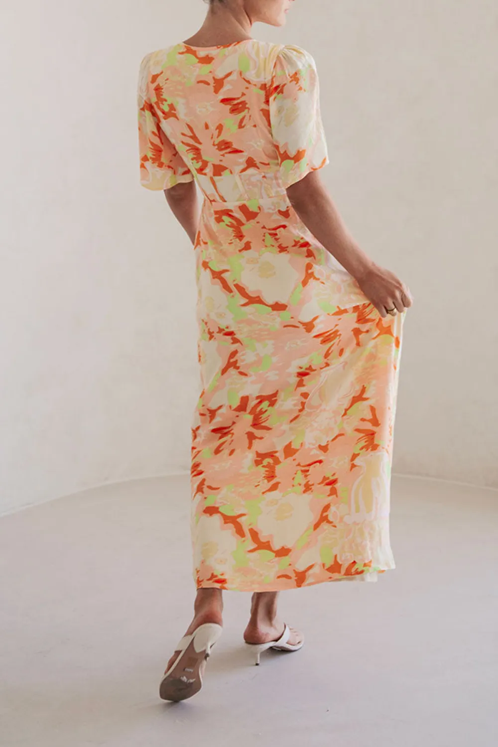 Floral Print Wrap Style Slit Midi Dress