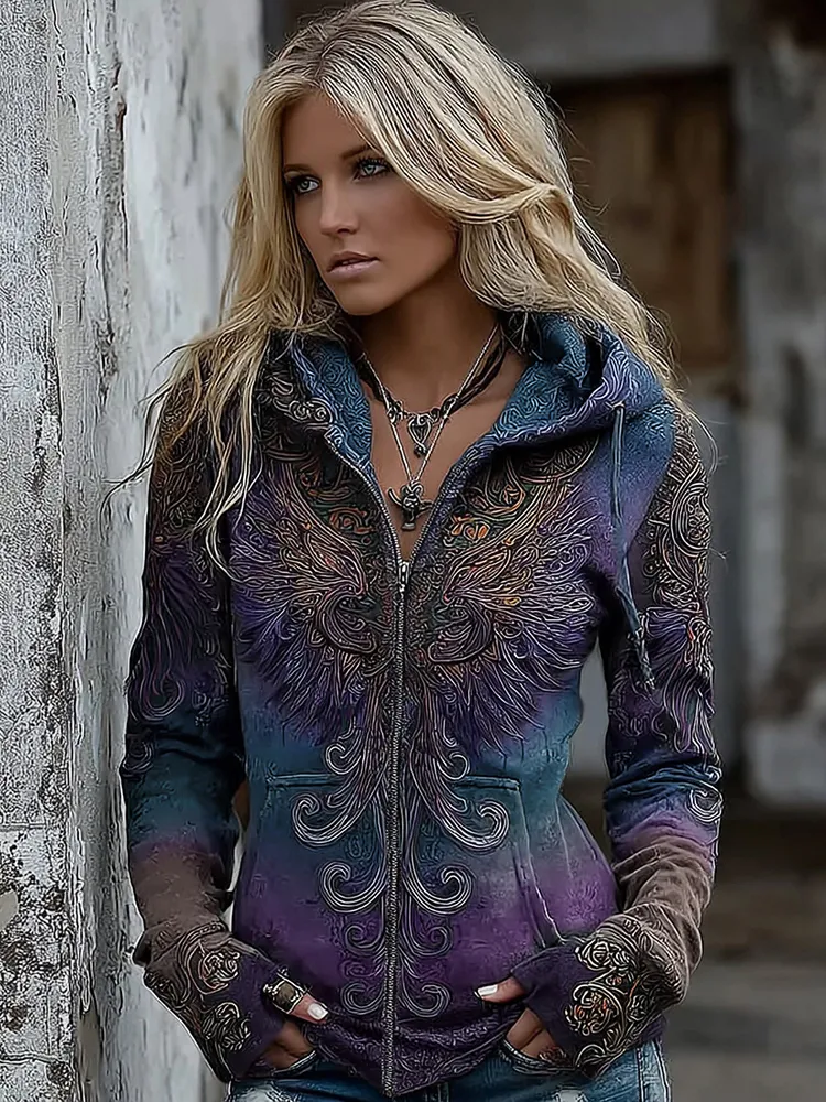 Women's Viking Mythology Phoenix Embroidery Comfortable Warm Zipper Hoodie