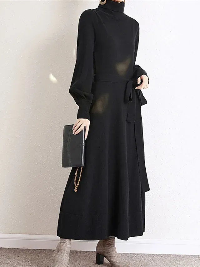 Women's Red Christmas Dress Sweater Dress Jumper Dress Midi Dress Warm Fashion Casual Plain Outdoor Christmas Daily Vacation Turtleneck Long Sleeve Lace up 2023 Regular Fit Black Wine Blue One Size