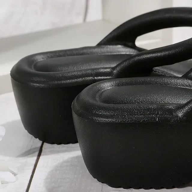 Women's Sandals Slippers Flip-Flops Wedge Heels Flip-Flops Outdoor Slippers Outdoor Beach Summer Flat Heel Elegant Casual Minimalism EVA Loafer Solid Color Black White Fuchsia