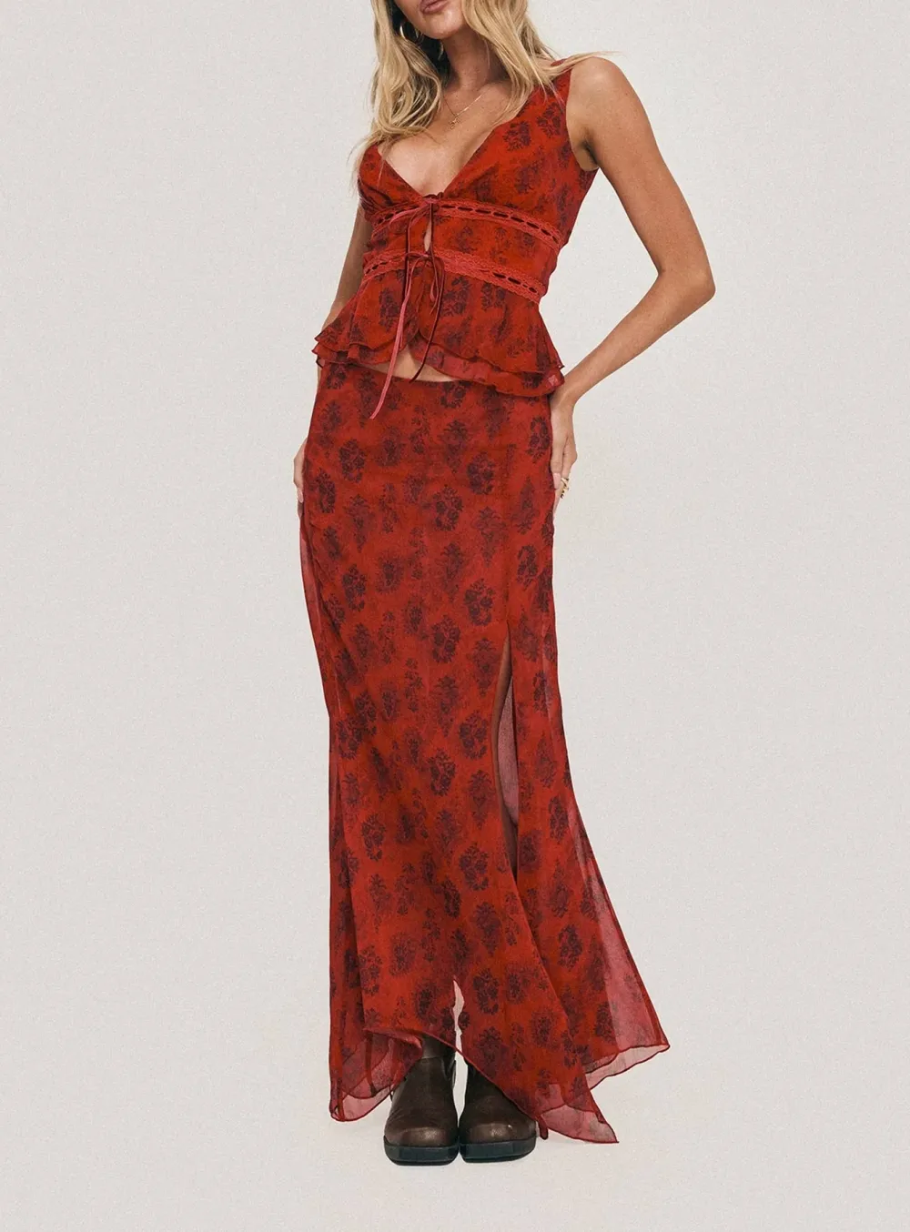 Floral Print Asymmetric Maxi Skirt