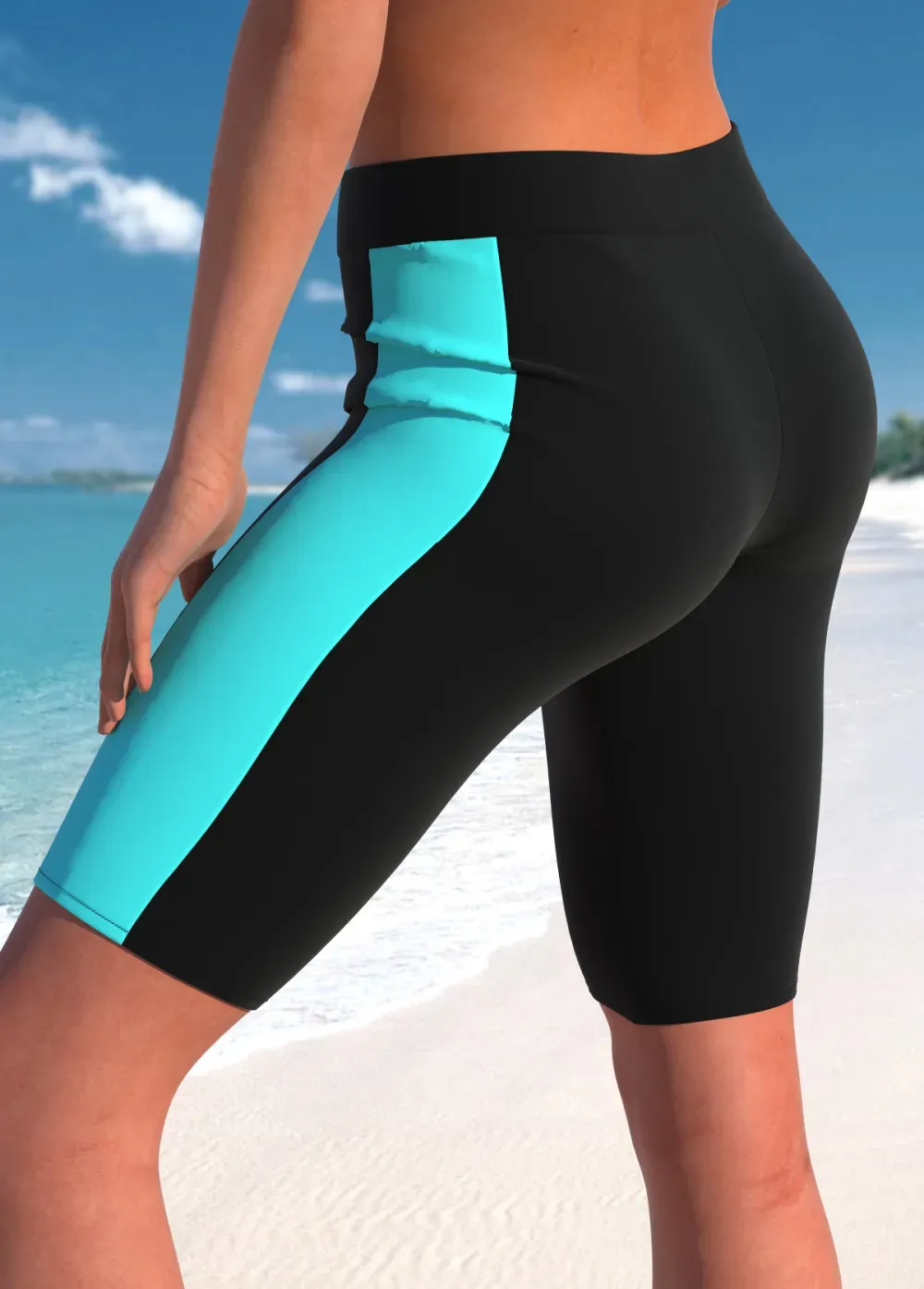 Zipper Tropical Plants Print Cyan Tankini Top