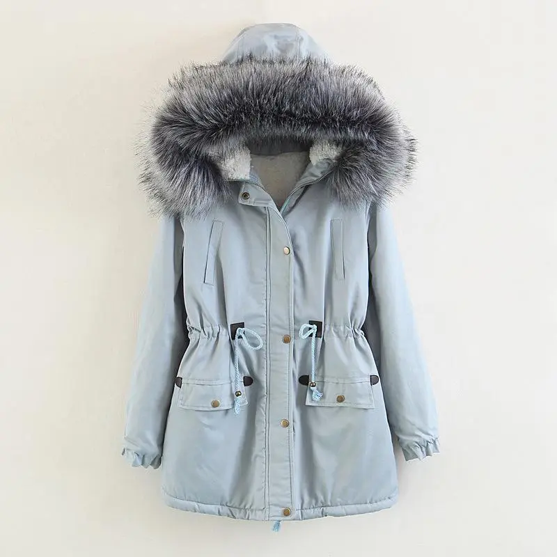 Faux Fur Collar Pockets Drawstring Women Parka Jacket Oversized Coat