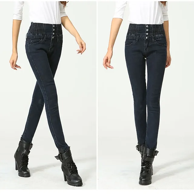 Women's Jeans Skinny Full Length Denim Side Pockets Stretchy High Waist Fashion Street Casual Light Blue B S M