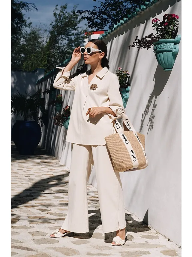 Women's Shirt Pants Sets Black Dark Navy Camel Plain Long Sleeve Casual Daily Vintage Fashion Streetwear V Neck Regular Fit Fall & Winter