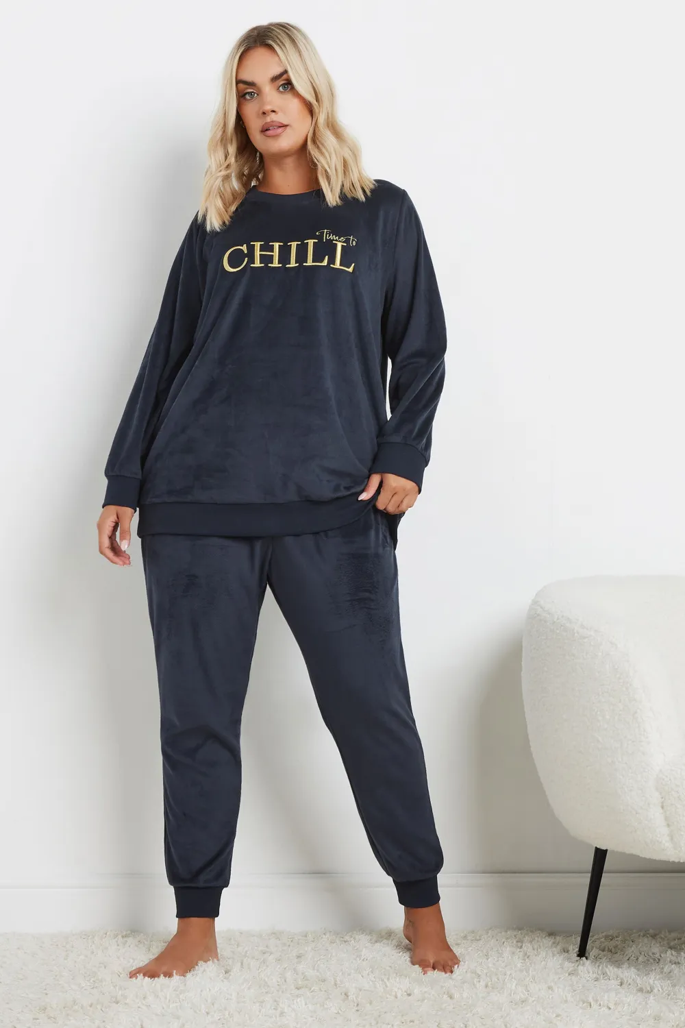 YOURS Curve Navy Blue 'Time To Chill' Soft Fleece Loungewear Set