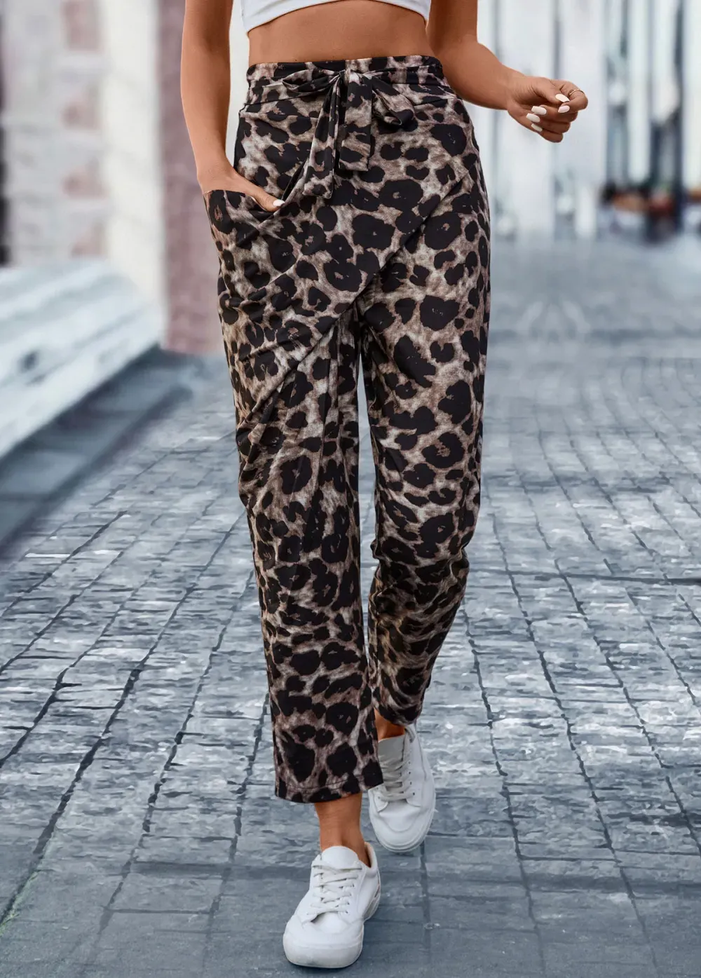 Dark Coffee Pocket Leopard Elastic Waist Belted Pants