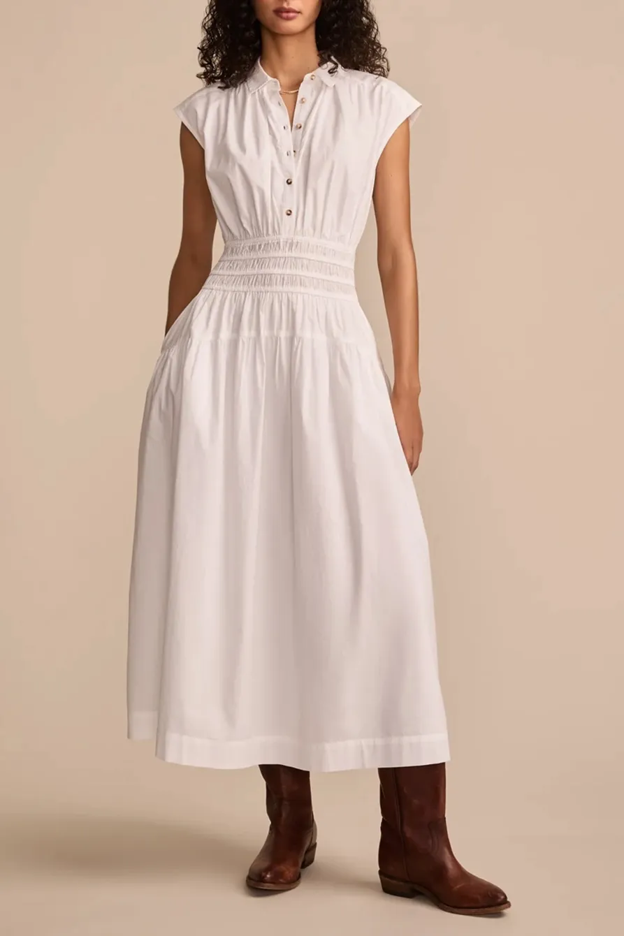 Bright White Smocked Dropped Waist Midi Dress