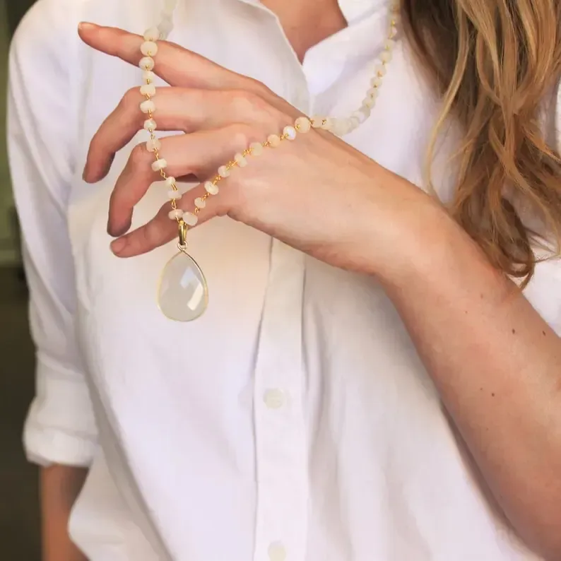 Long Necklace Moonstone Long Pendant Necklace Gold Necklace Long Stone Necklace Gemstone Statement Necklace Teardrop Long Layer Necklace