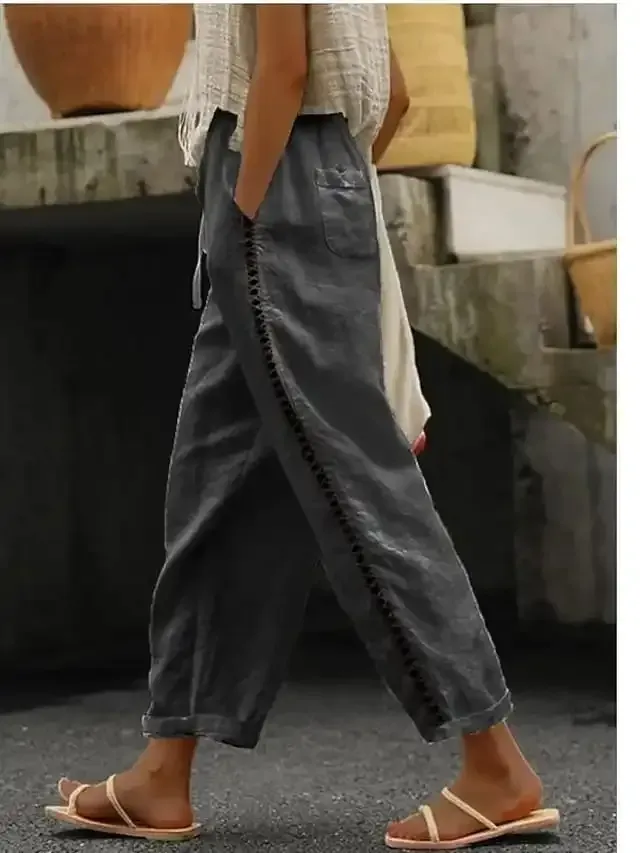 Women's Pants Trousers Faux Linen Dark Grey Camel White Fashion Casual Daily Side Pockets Ankle-Length Comfort Plain S M L XL 2XL