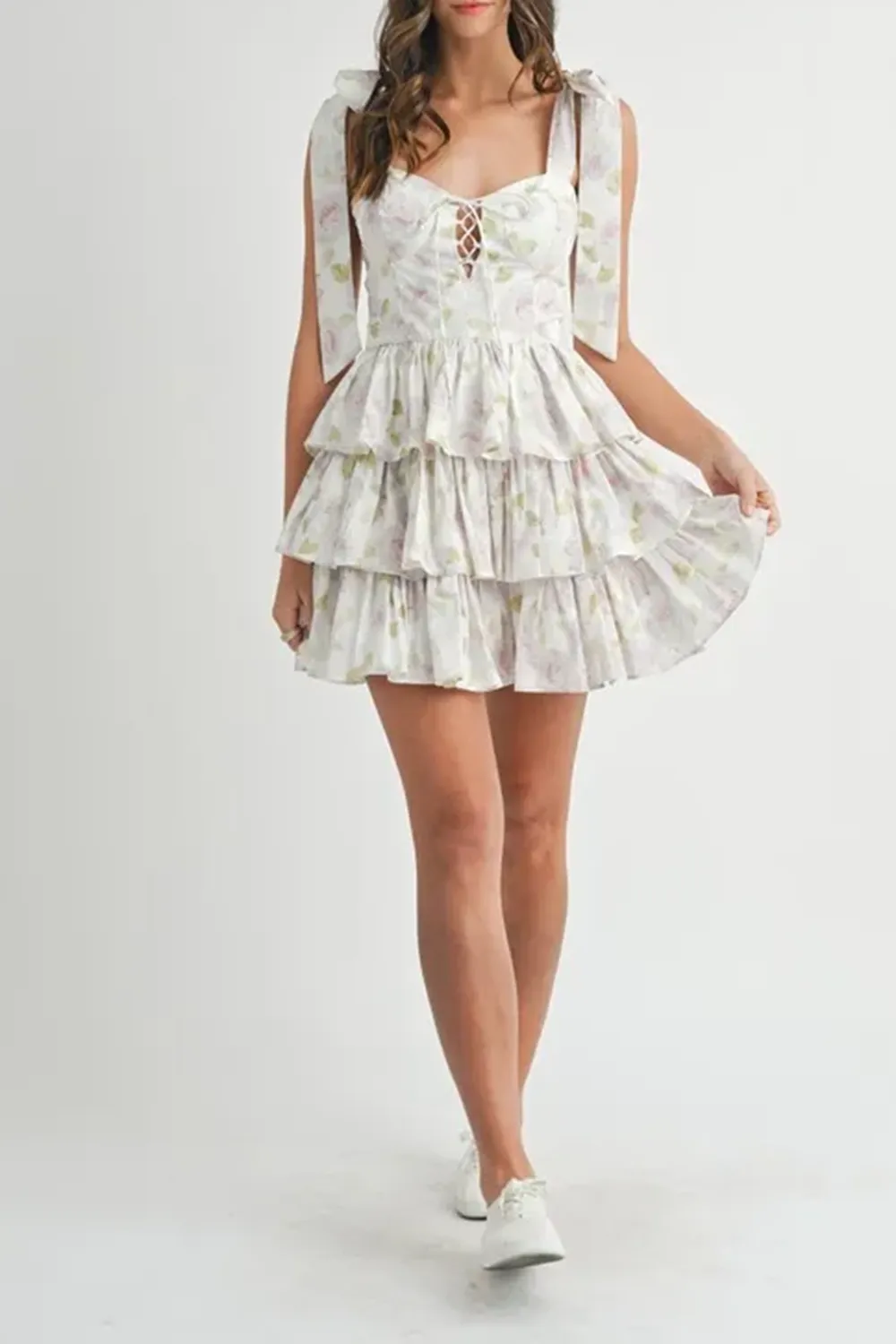 Elegant Ballet Style Slim Floral White Dress