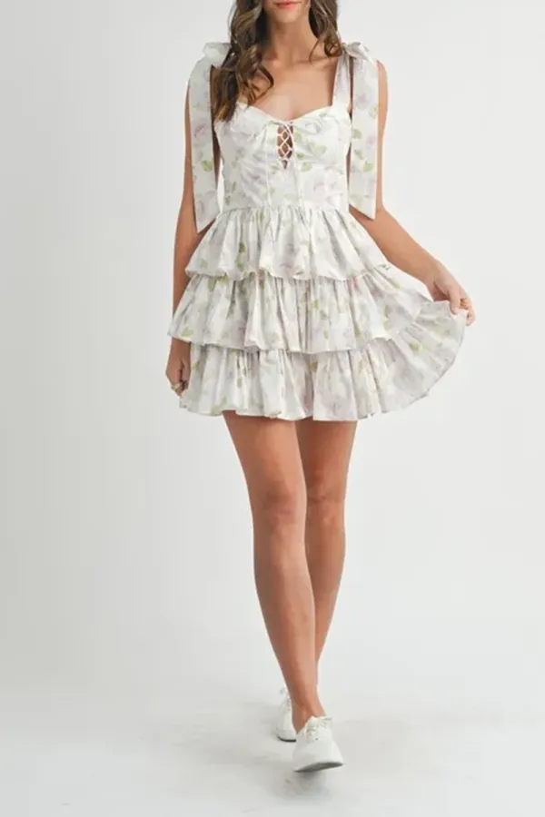Elegant Ballet Style Slim Floral White Dress