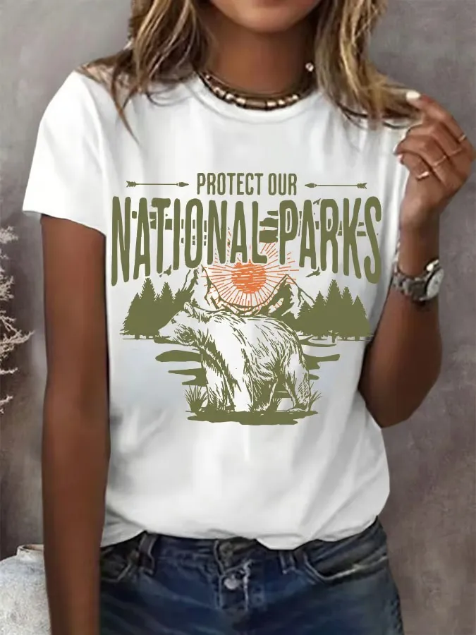 T-Shirt Women Protect Our National Parks Printed Crew-Neck T-Shirt Theme Printed Short Sleeve